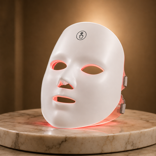 Masque LED visage GlowZen posé sur socle en marbre, lumière rouge allumée
