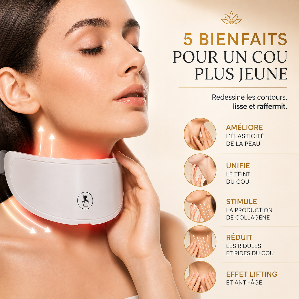 Femme utilisant le masque LED visage et le soin cou GlowZen en ambiance spa