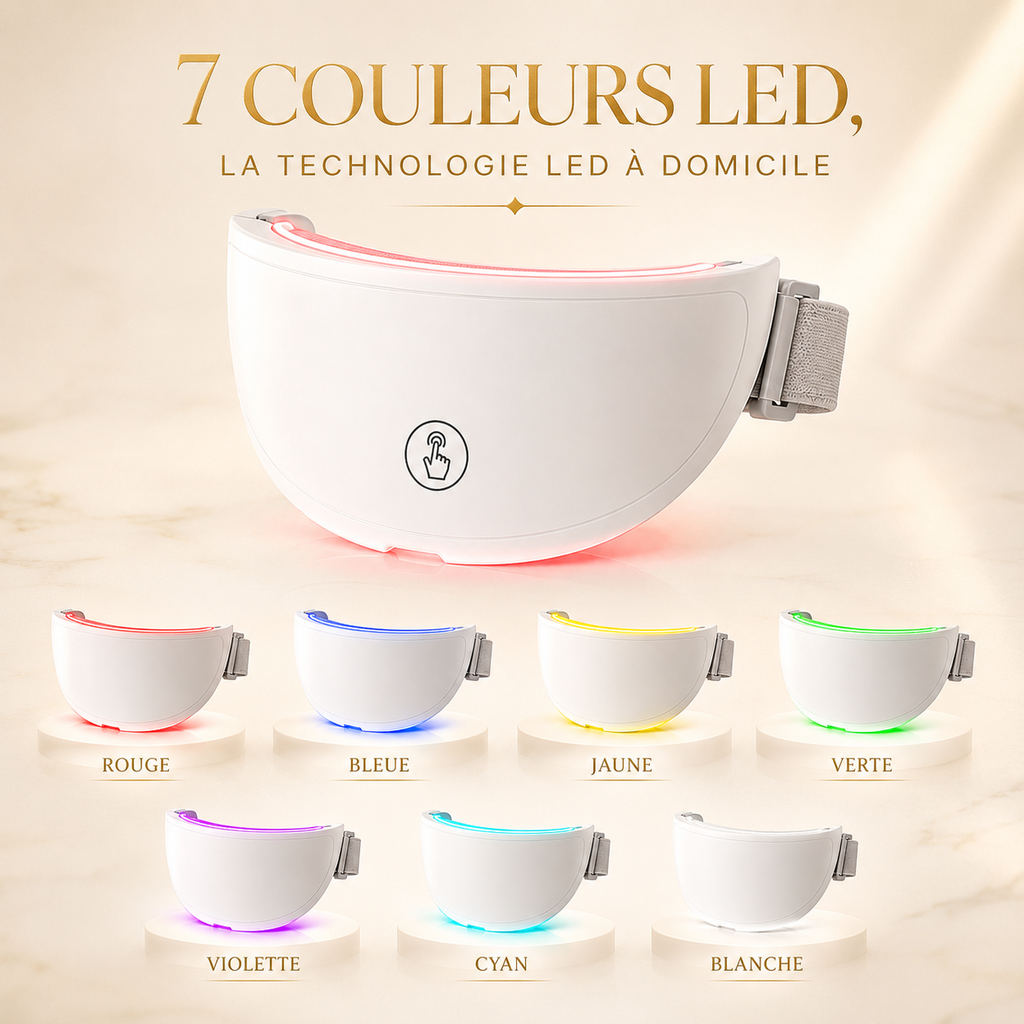 Les 7 couleurs LED du soin cou GlowZen : rouge, bleue, jaune, verte, violette, cyan, blanche