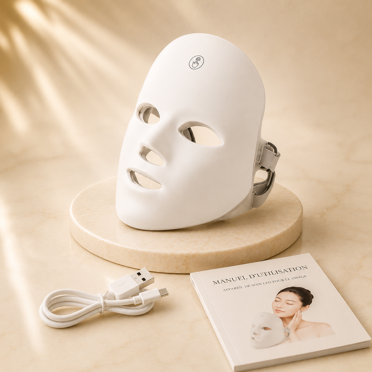 Contenu du coffret GlowZen : masque LED visage, câble USB-C et manuel d'utilisation